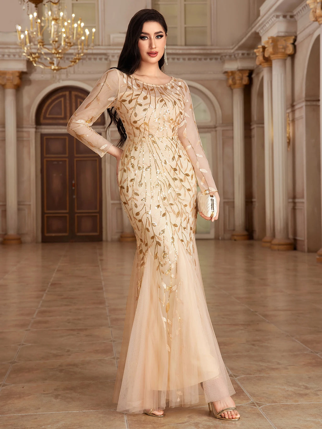 Mermaid Tulle Embroidery Evening Dress - O-Neck Full Sleeve Formal Gown - SalmanStore 