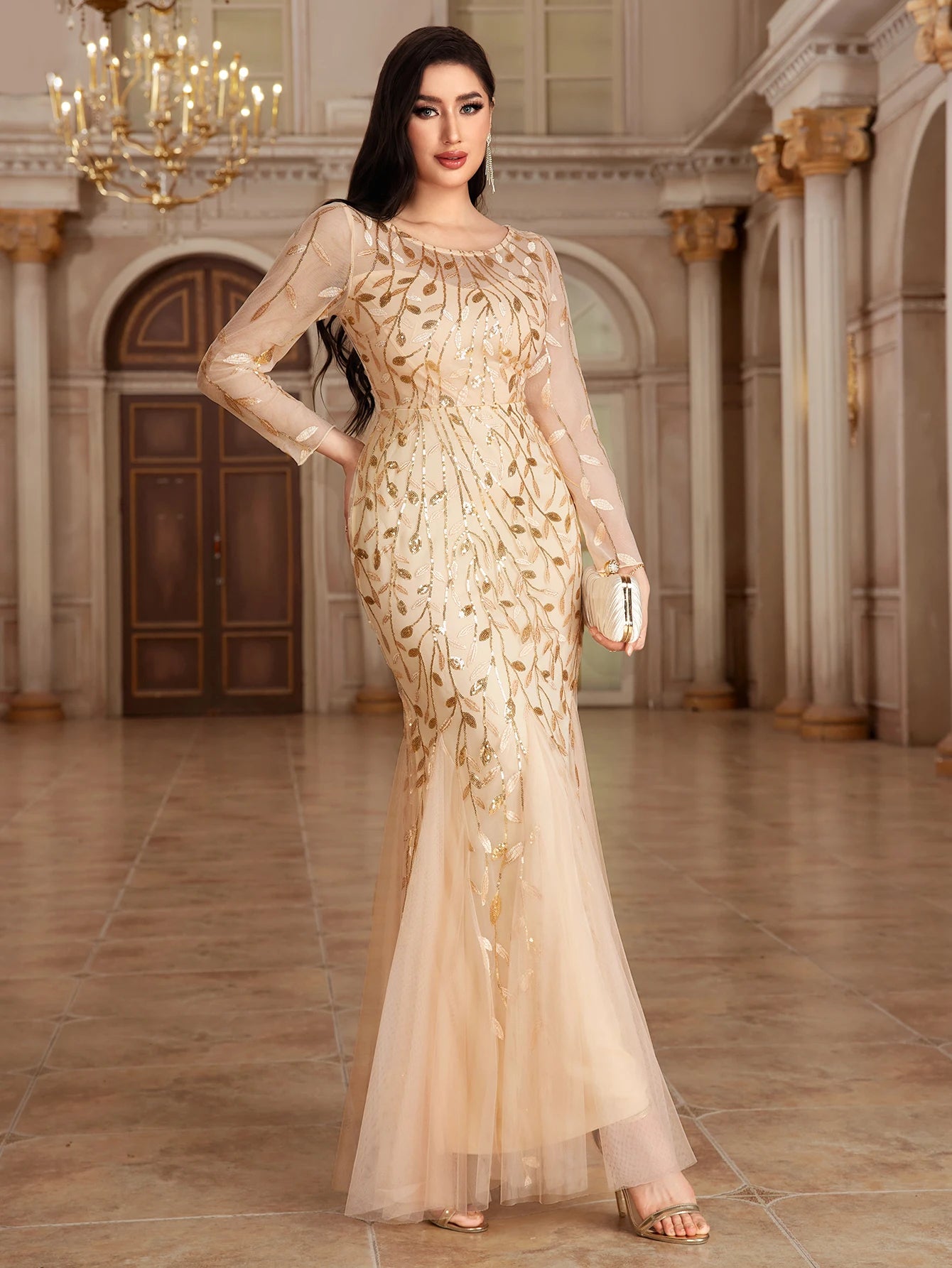 Mermaid Tulle Embroidery Evening Dress - O-Neck Full Sleeve Formal Gown - SalmanStore 
