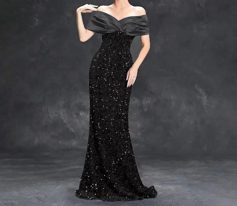 Slim Fit One Shoulder Sequin Evening Gown - A-Line Floor Length Party Dress - JStorehub 