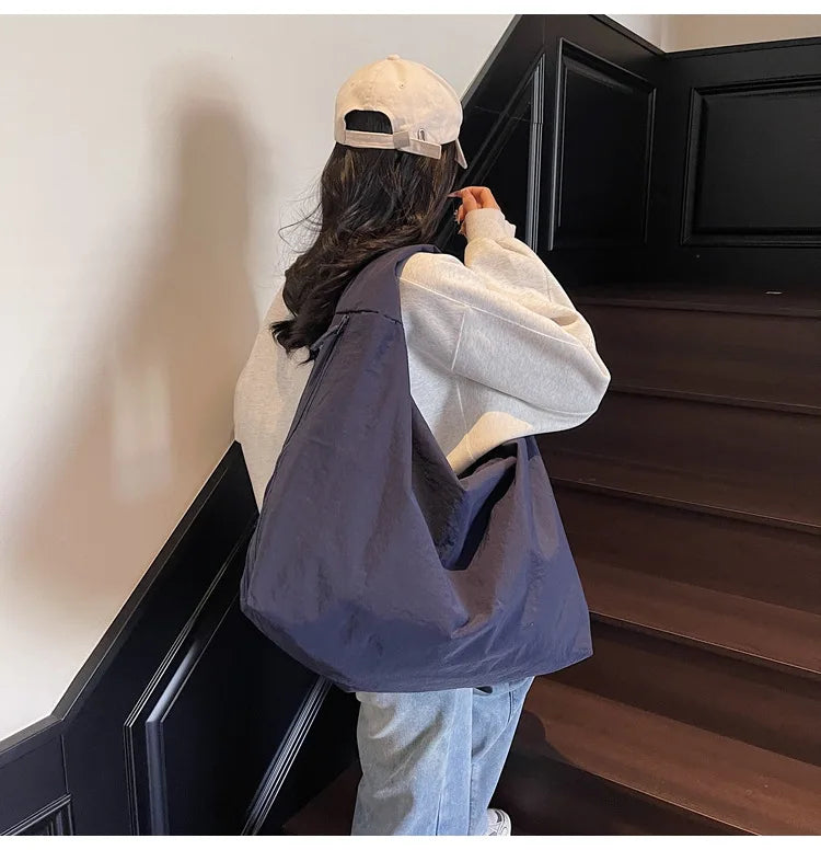Chic Solid Color Nylon Tote Bag with Multiple Pockets - Large Capacity Shoulder Bag - JStorehub 