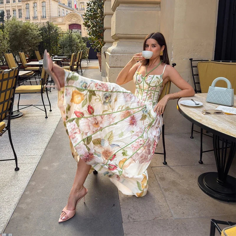 Elegant Printed Flower Women's Dress Contrast Sleeveless Halter Waist-Closed A-Line Lady Dresses Summer Fashion Vacation Robe