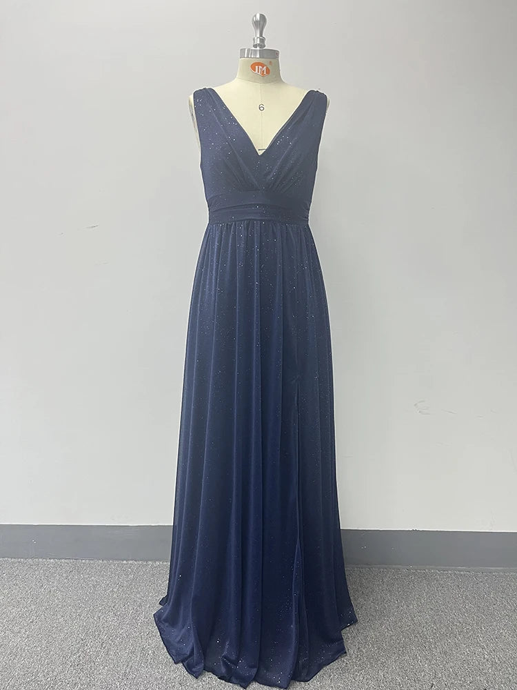 Sparkling Chiffon Double V-Neck A-Line Evening Gown with Side Slit - Bridesmaid Dress - SalmanStore 