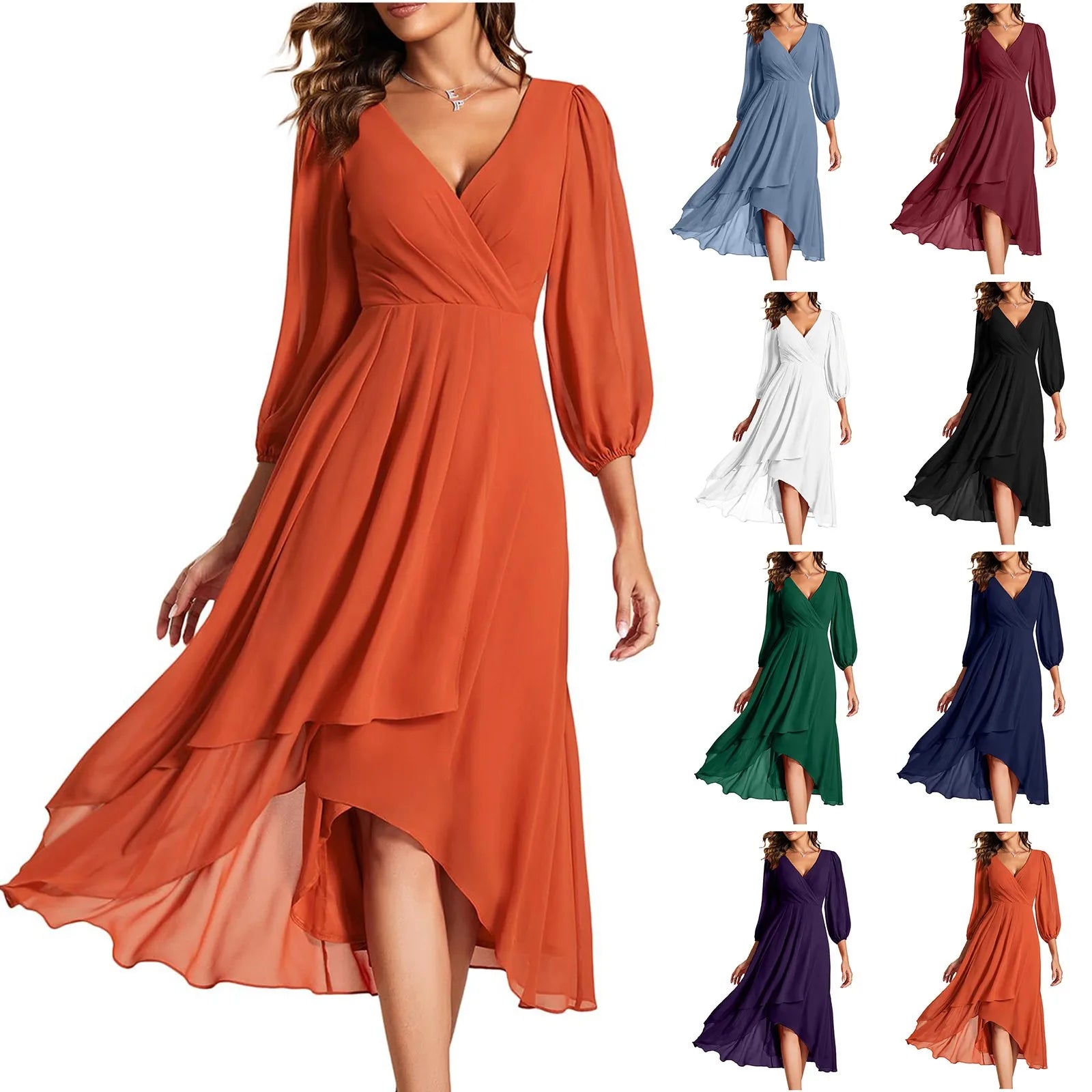 Elegant Navy Blue Chiffon Evening Dress - Long Sleeve Pleated Knee Length - JStorehub 