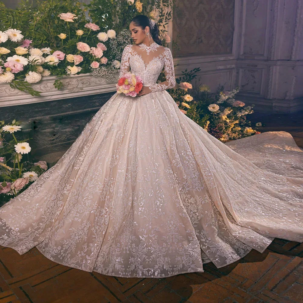 Customized Long Sleeve Ball Gown Wedding Dress - Illusion Neck Princess Bridal Gown - JStorehub 