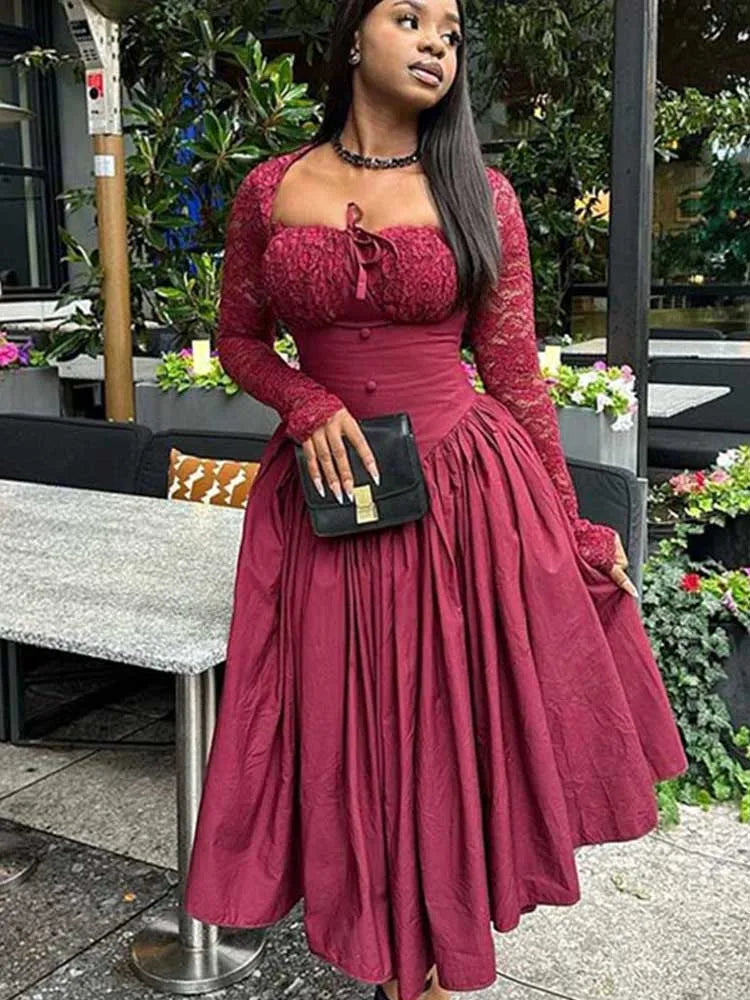 Women Dresses: Elegant Hollow Out Lace French Dress - Salman Store