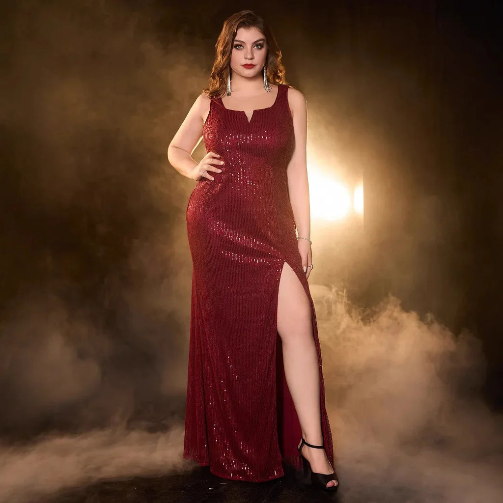 Plus Size Sexy Backless V-Neck Sequin Evening Gown - Dance Party Dress - JStorehub 