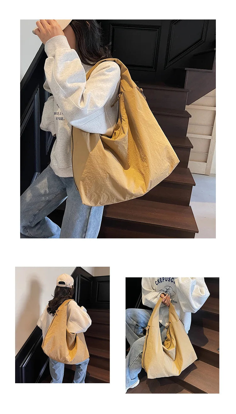Chic Solid Color Nylon Tote Bag with Multiple Pockets - Large Capacity Shoulder Bag - JStorehub 