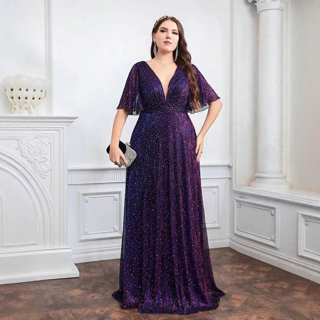 Plus Size Purple A-Line Evening Dress - Deep V-Neck Waist Cinched Rhinestone Gown - JStorehub 