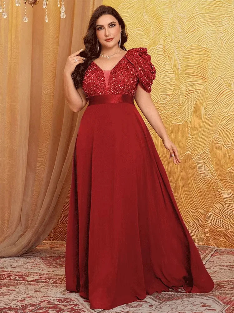 Plus Size Lotus Pink Sparkling Puff Sleeve Evening Dress 4XL 5XL - JStorehub 