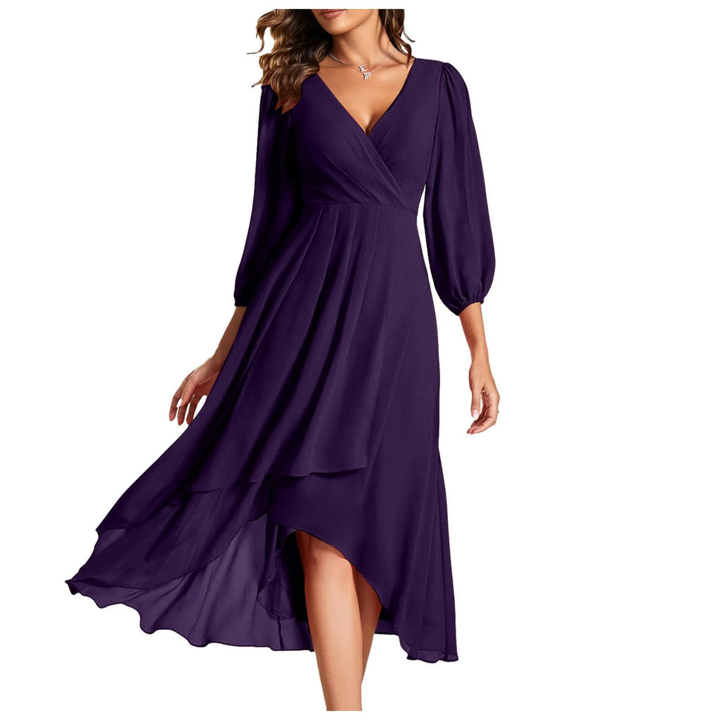 Elegant Navy Blue Chiffon Evening Dress - Long Sleeve Pleated Knee Length - JStorehub 