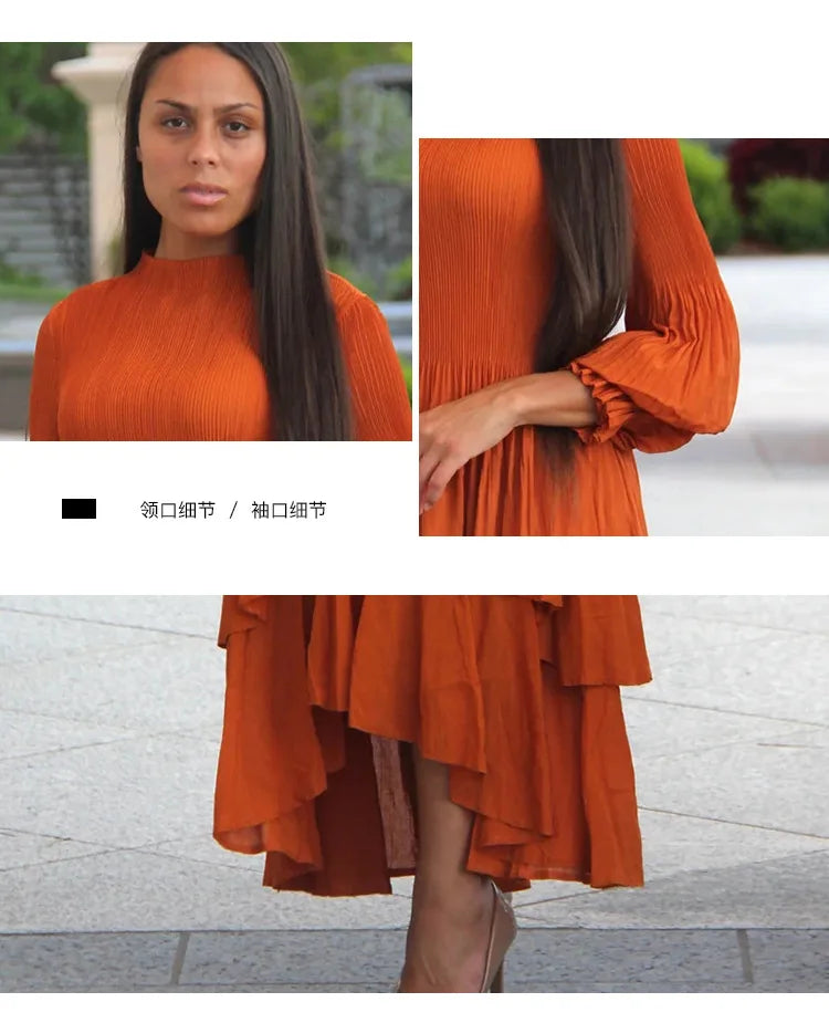 Miyake Pleated Lantern Sleeve Dress - Solid Color Lotus Edge Long Skirt - JStorehub 