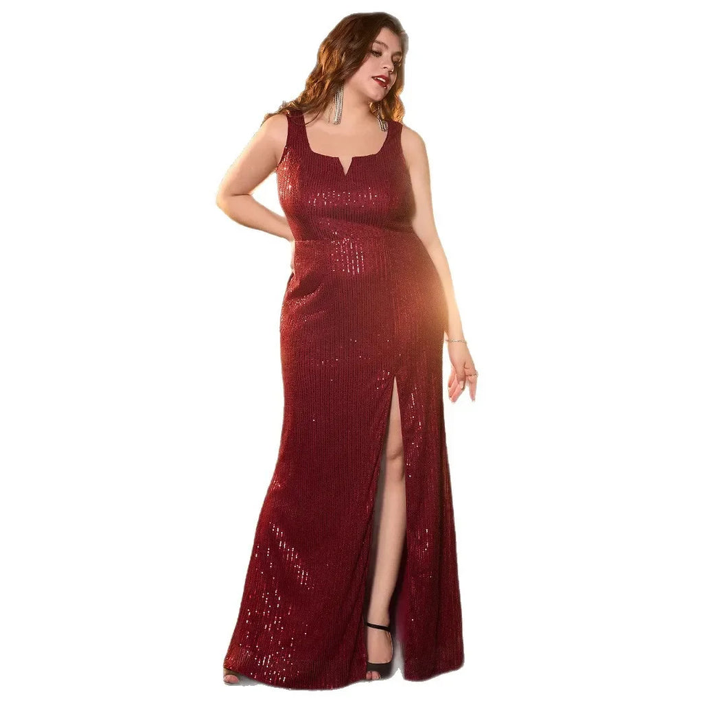 Plus Size Sexy Backless V-Neck Sequin Evening Gown - Dance Party Dress - JStorehub 