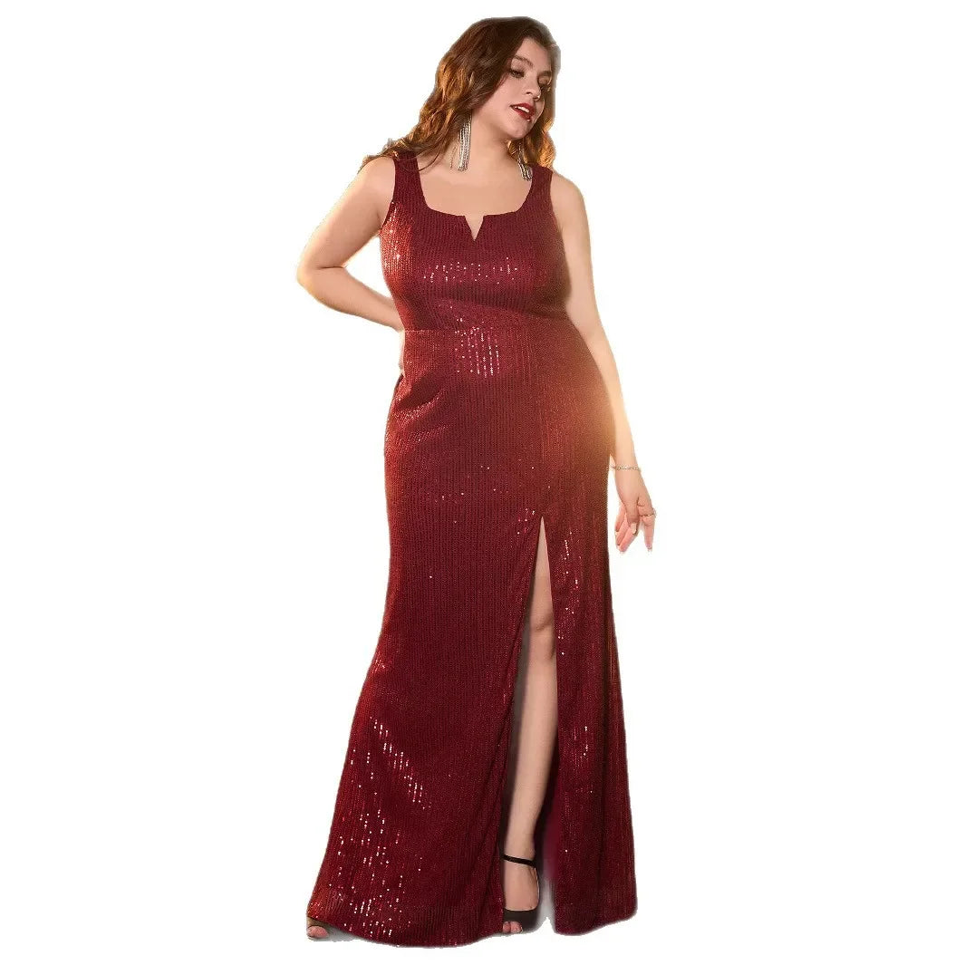 Plus Size Sexy Backless V-Neck Sequin Evening Gown - Dance Party Dress - JStorehub 