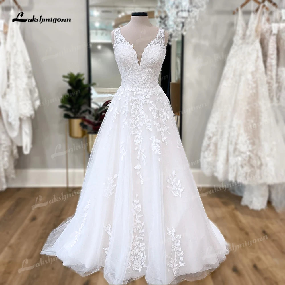 V-Neck Floral Lace Beach Wedding Dress - A-Line Summer Bridal Gown - JStorehub 