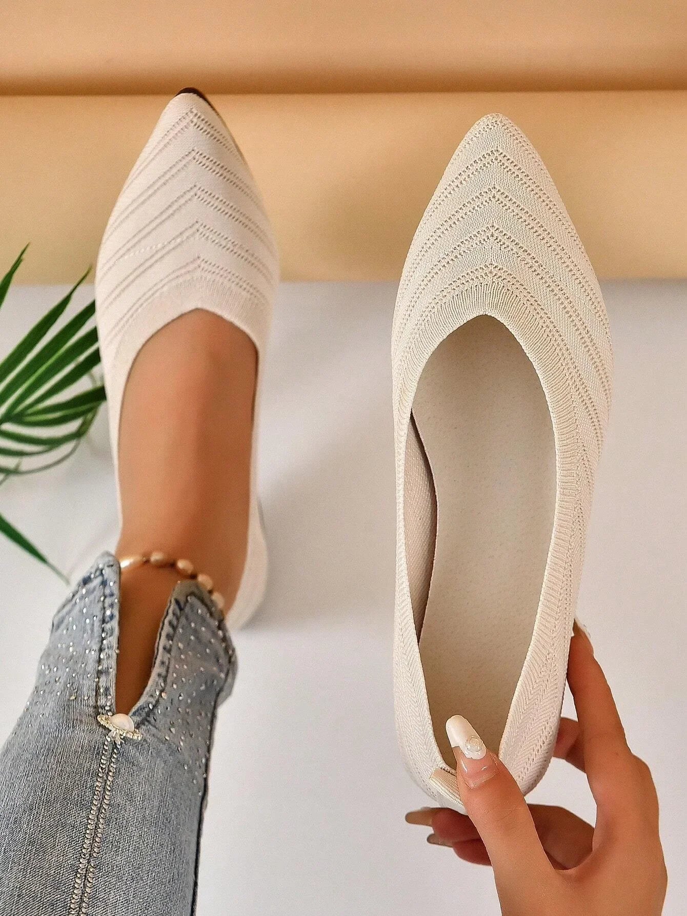 Apricot Knitted Pointed Toe Flat Shoes for Women - Slip-On Comfort