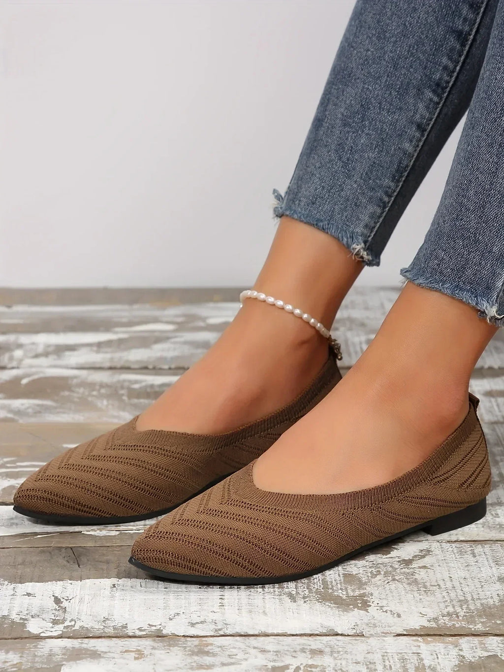 Apricot Knitted Pointed Toe Flat Shoes for Women - Slip-On Comfort