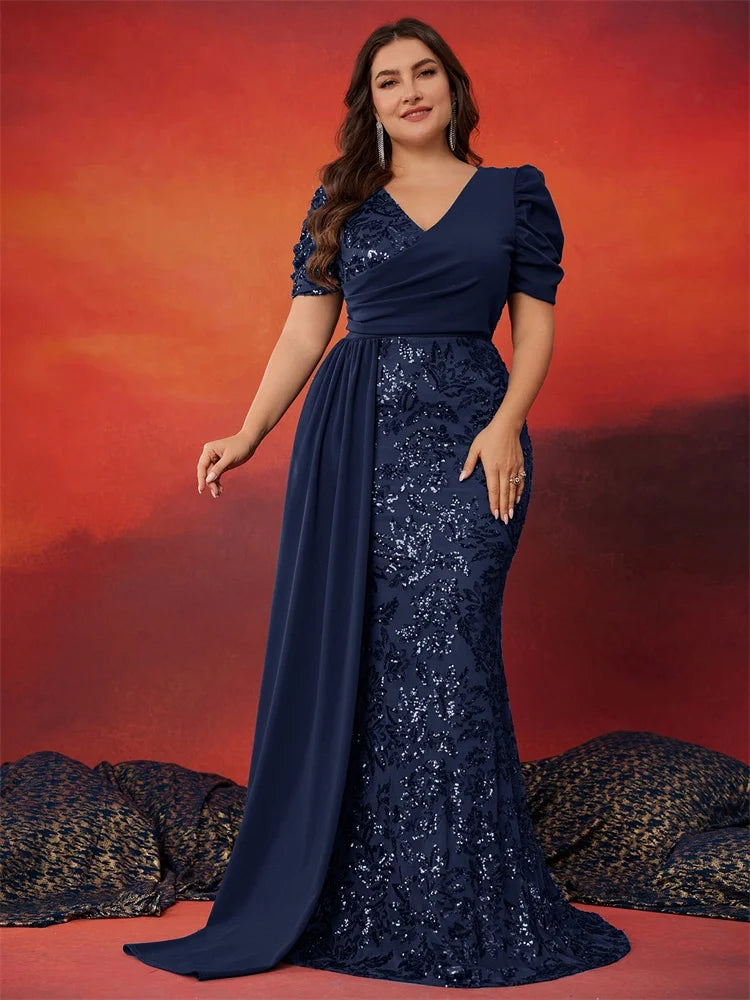 Plus Size Elegant V-neck Sequins Evening Dress Women Short Sleeves Mermaid Formal Luxury Party Streamer Prom Dress - JStorehub 