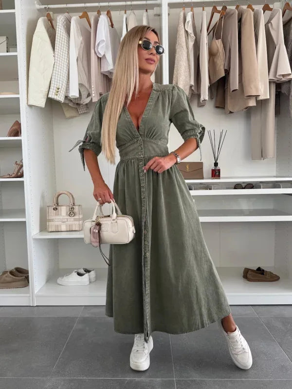 Women Dresses: V Neck Denim Dress - Elegant Style | Salman Store