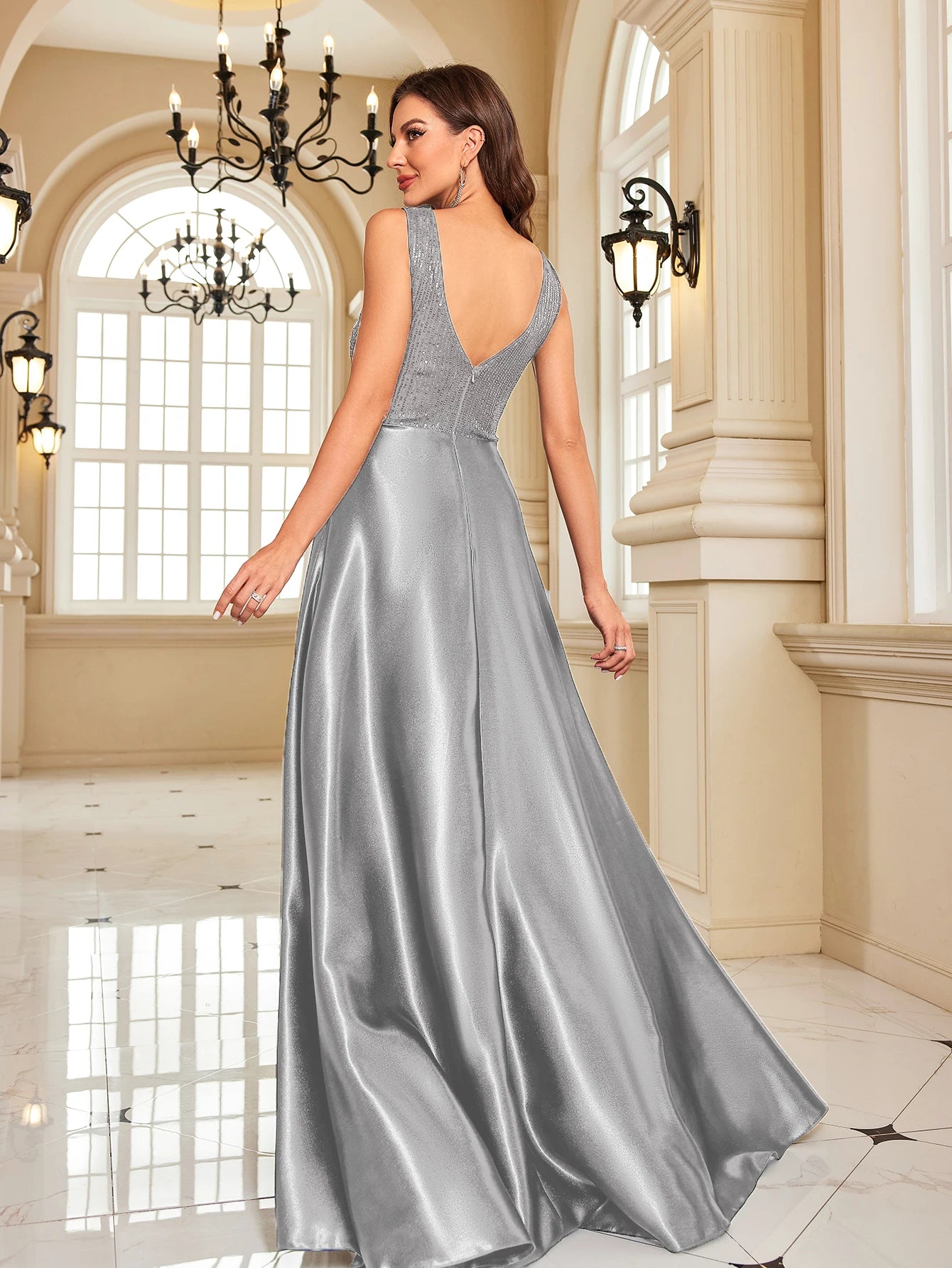 Elegant Sequin Evening Dress for Women - Deep V-Neck Satin Prom Gown 2024