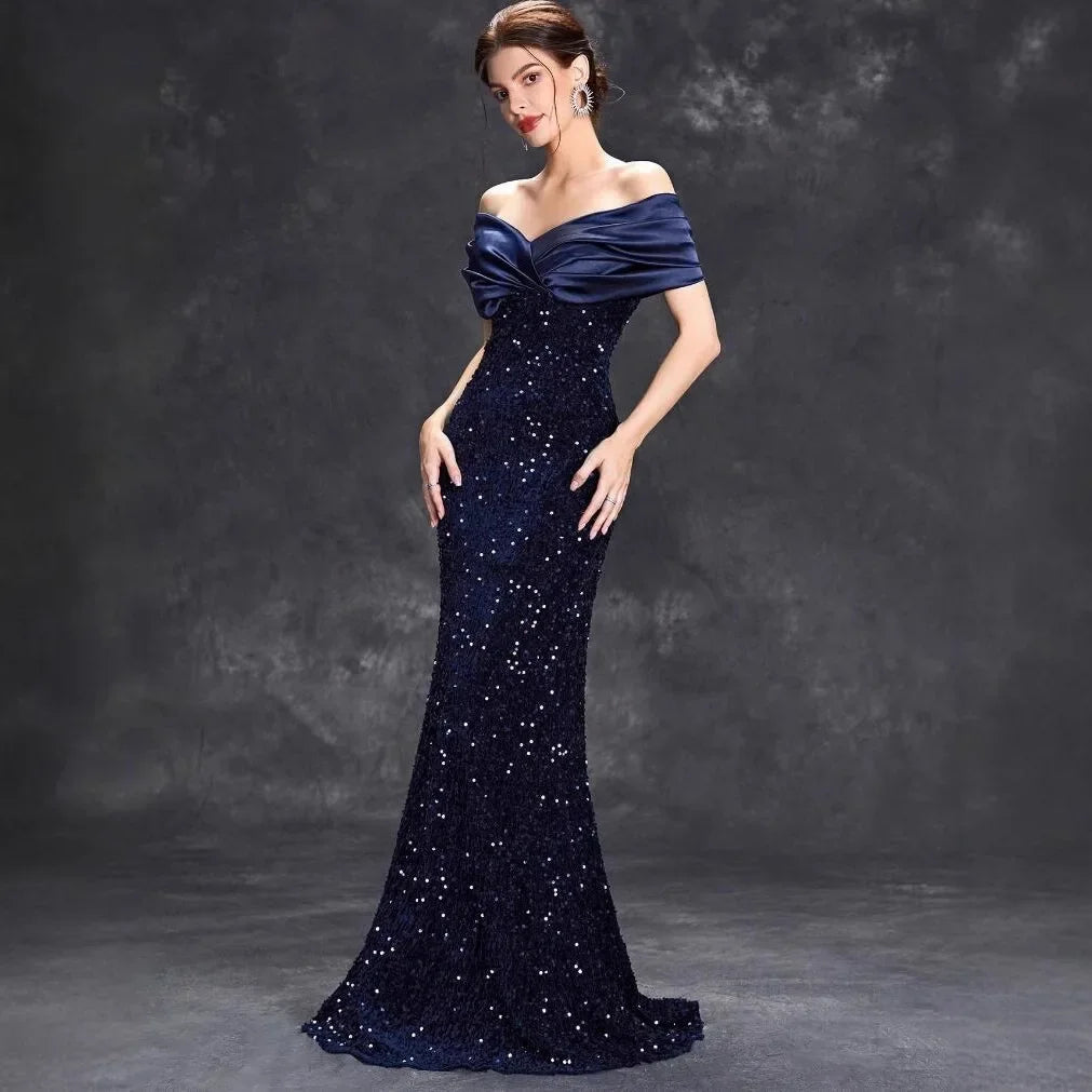 Slim Fit One Shoulder Sequin Evening Gown - A-Line Floor Length Party Dress - JStorehub 