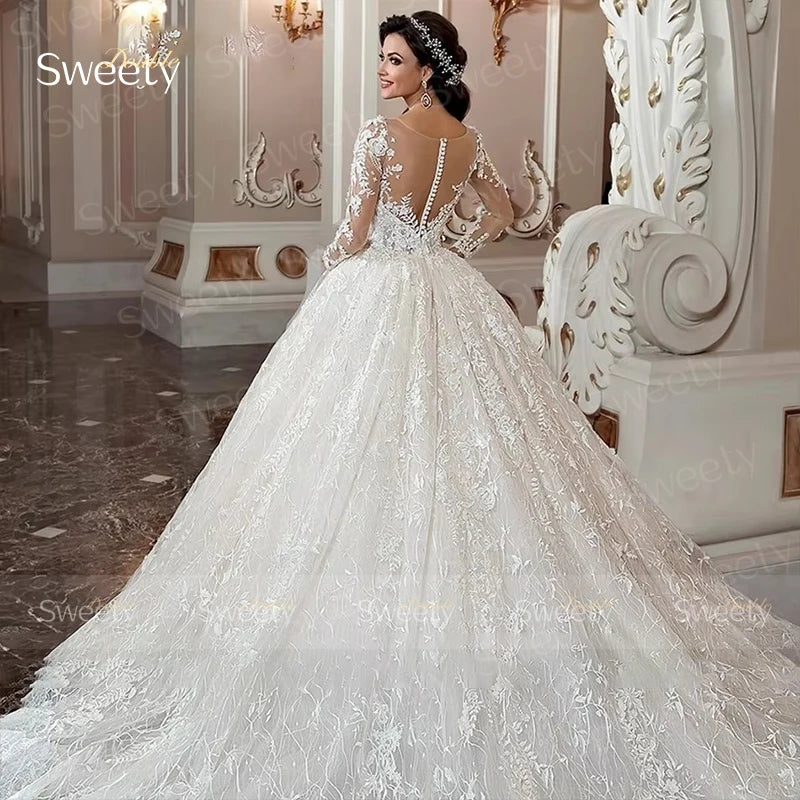 Luxury Embroidered Lace Ball Gown Wedding Dress - O-Neck Full Sleeve Bridal Gown - JStorehub 