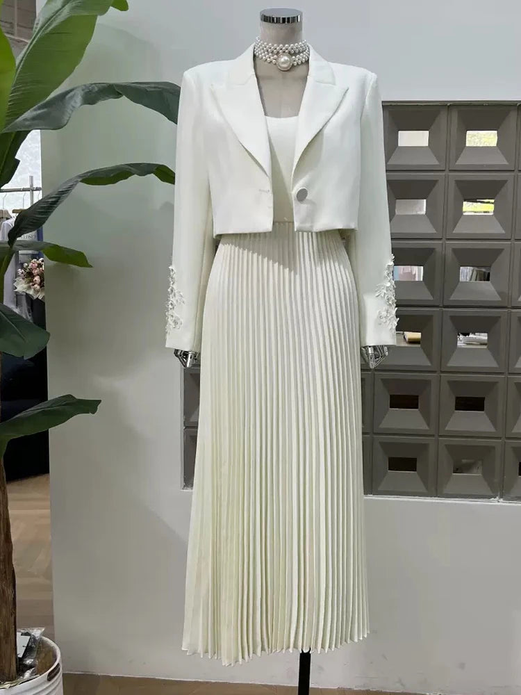Chic Autumn 2025: Flower Beaded Jacket & Dress Women's Suit Set