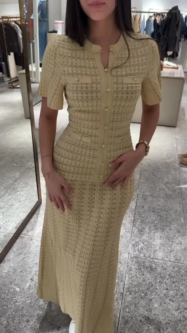 Solid Knit Hollow Out Maxi Dress for Women - Short Sleeve Bodycon Dress 2026 - JStorehub 