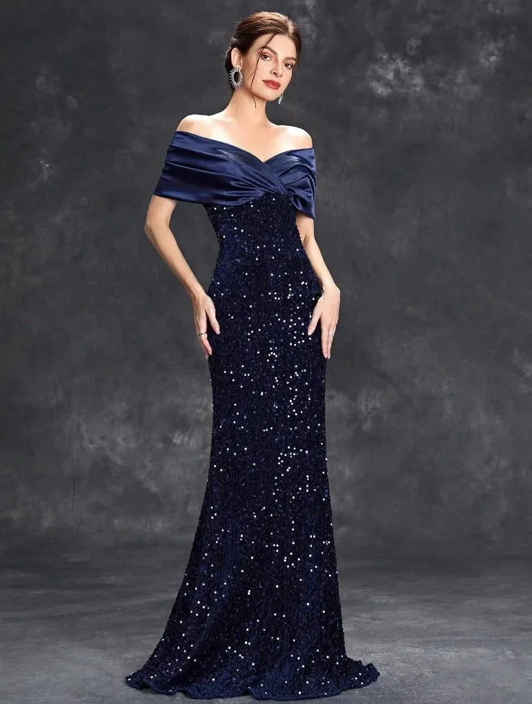 Slim Fit One Shoulder Sequin Evening Gown - A-Line Floor Length Party Dress - JStorehub 