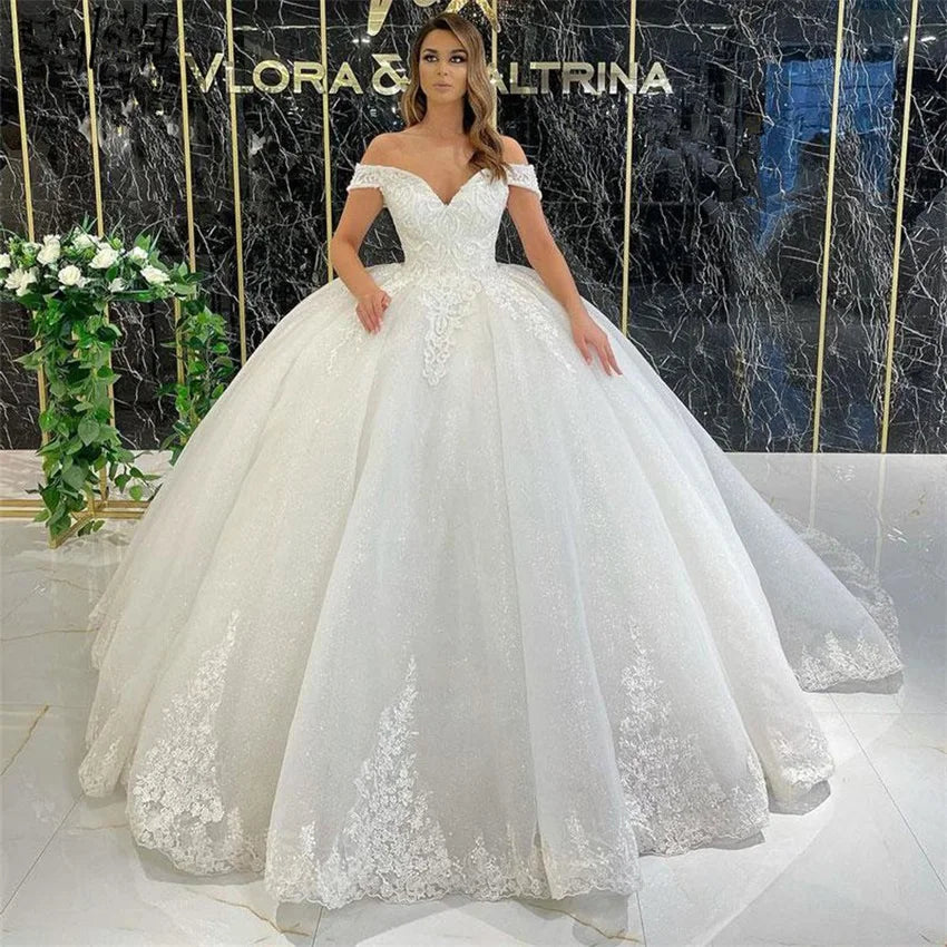 Customized Off-Shoulder Wedding Dress - Lace Applique Glitter Tulle A-Line Bridal Gown - JStorehub 