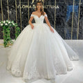 Customized Off-Shoulder Wedding Dress - Lace Applique Glitter Tulle A-Line Bridal Gown - JStorehub 