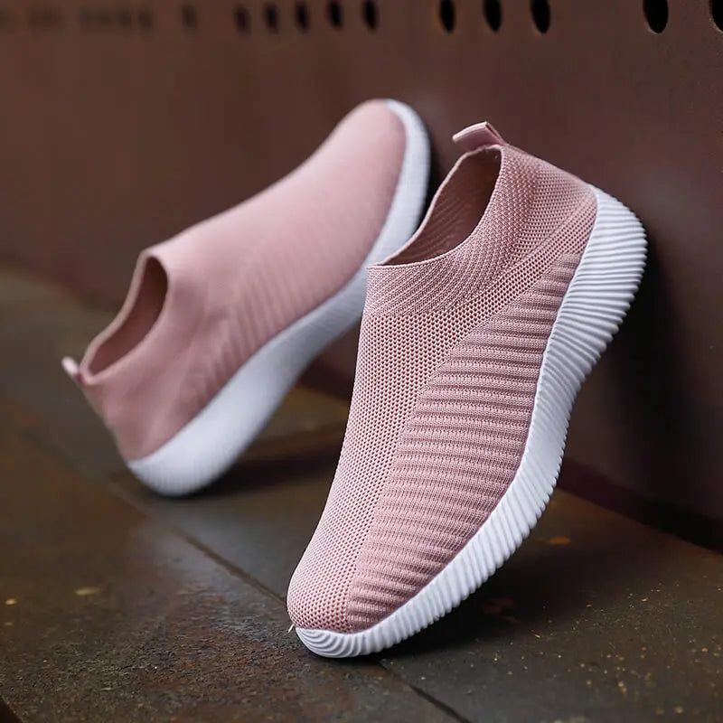 Women's Pink Mesh Sneakers - Breathable Flying Woven Slip-On Walking Shoes - JStorehub 