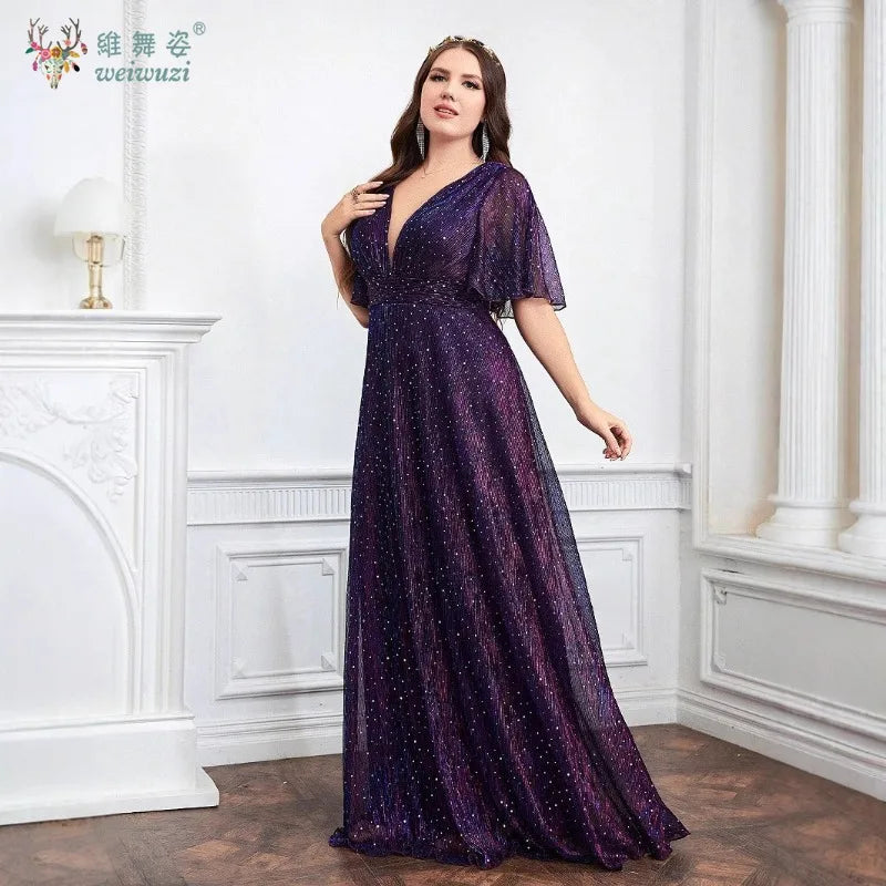 Plus Size Purple A-Line Evening Dress - Deep V-Neck Waist Cinched Rhinestone Gown - JStorehub 