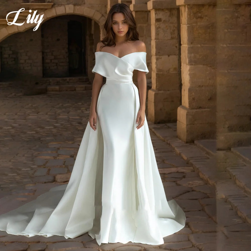 Lily White Off-Shoulder Backless Prom Dress - Satin Mermaid Evening Gown - JStorehub 