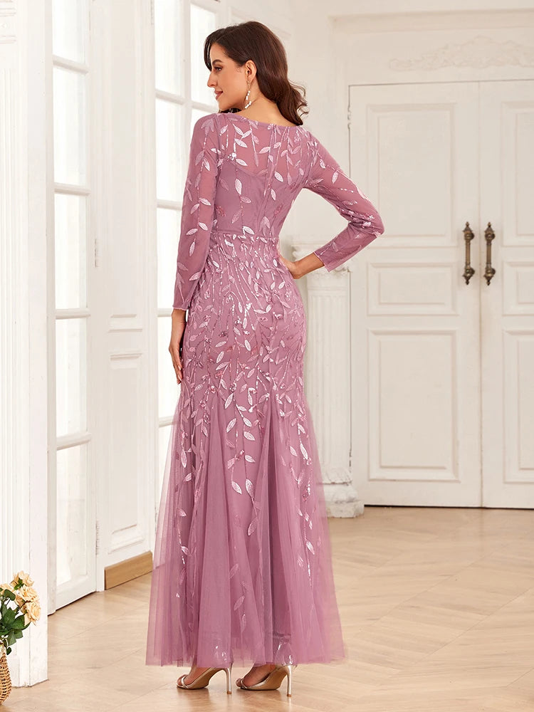 Mermaid Tulle Embroidery Evening Dress - O-Neck Full Sleeve Formal Gown - SalmanStore 