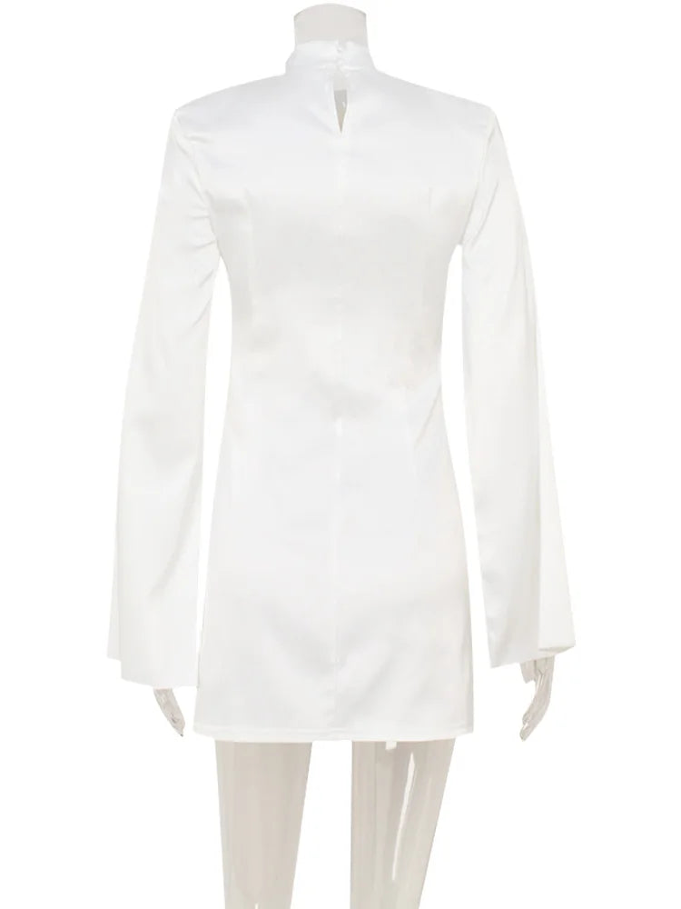 Elegant Mini Dress for Women - Long Flare Sleeve Turtleneck Satin Party Dress - JStorehub 