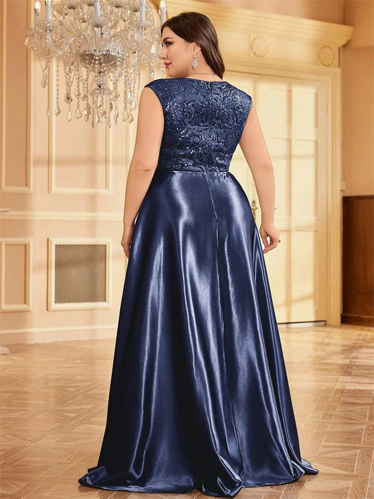 Blueplum Plus Size Gold Satin V-Neck Sequin Evening Dress 2025 - JStorehub 