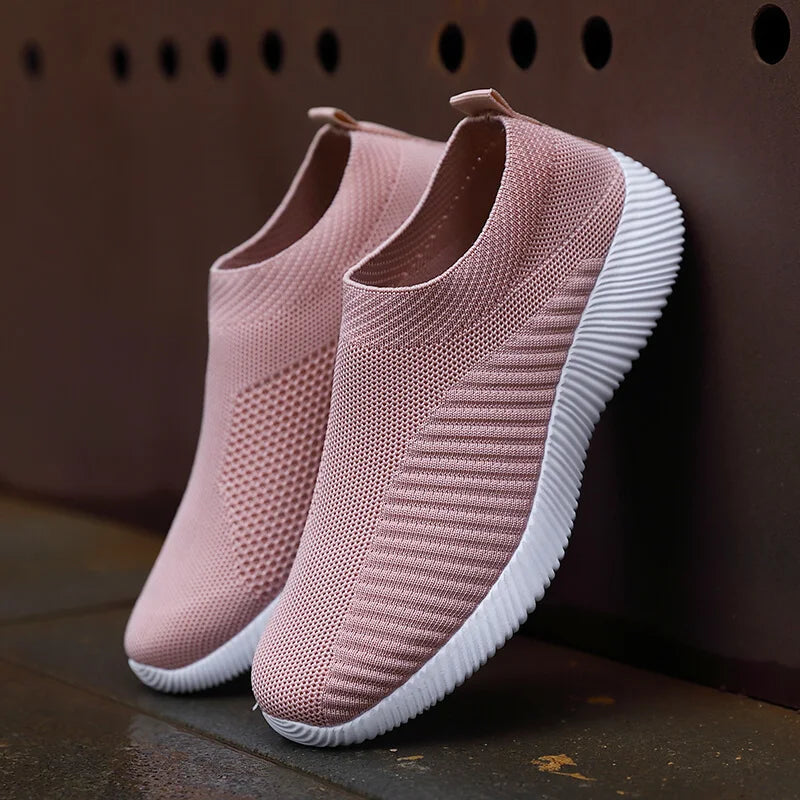 Women's Pink Mesh Sneakers - Breathable Flying Woven Slip-On Walking Shoes - JStorehub 