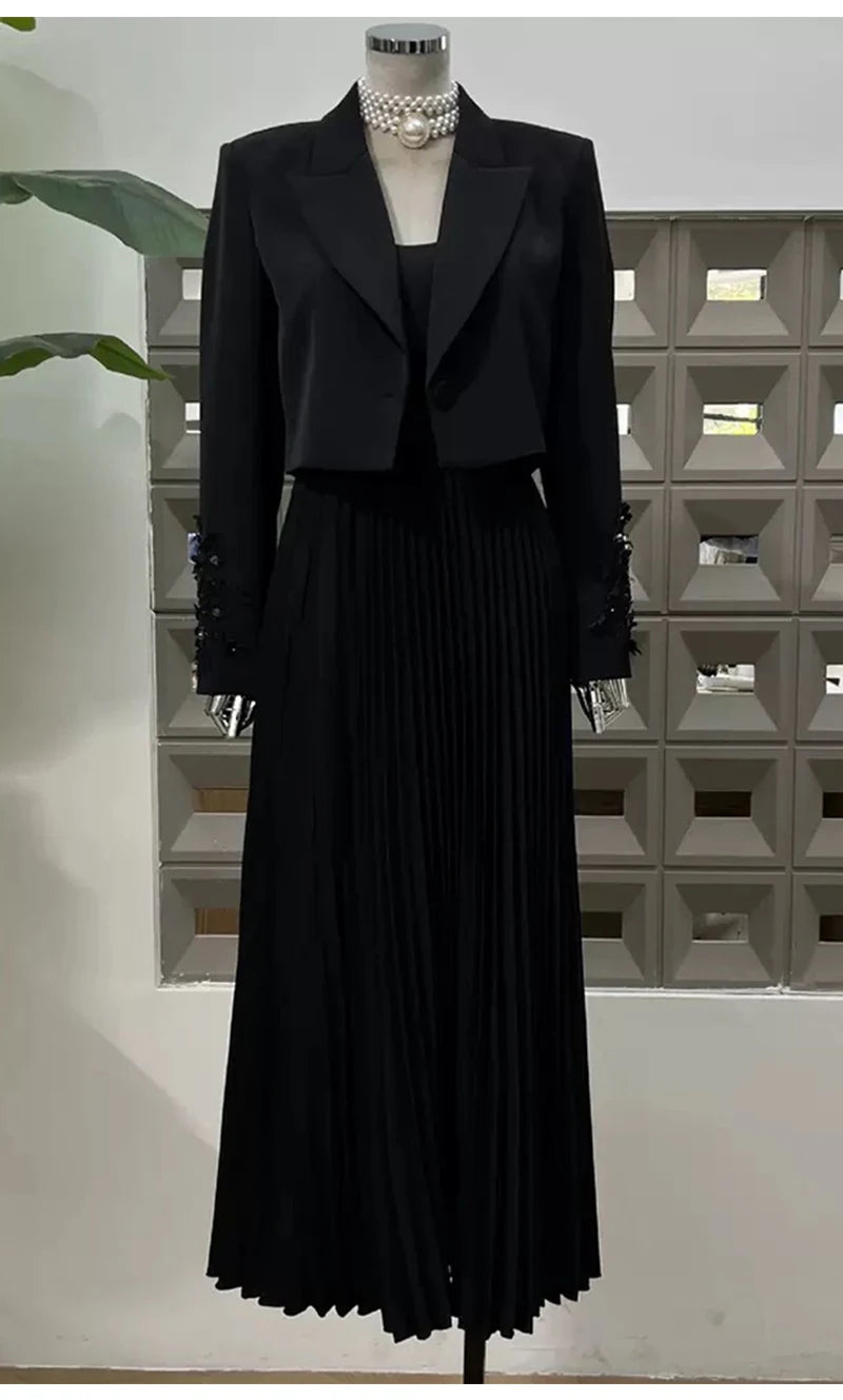 Chic Autumn 2025: Flower Beaded Jacket & Dress Women's Suit Set