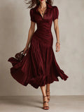 Elegant Satin A-Line Shirt Dress - Lapel High Waist Pleated Long Dress - JStorehub 