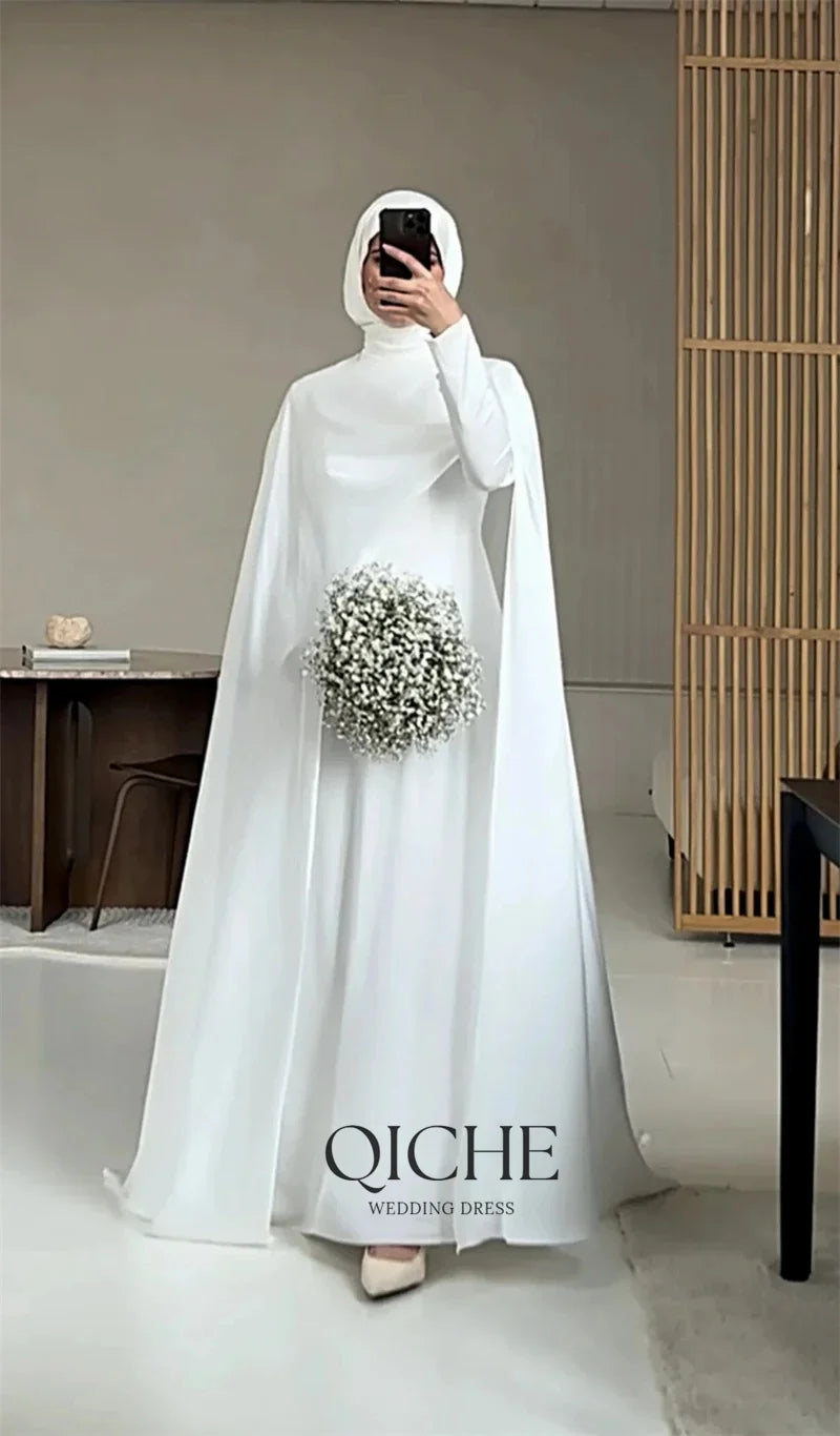 Modest White Muslim Wedding Dress with Cape - Long Sleeve Customized Bridal Gown - JStorehub 