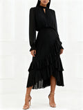 Ruffle Long Sleeve Layered A-Line Dress - Chic Spring Summer Pleated Gown