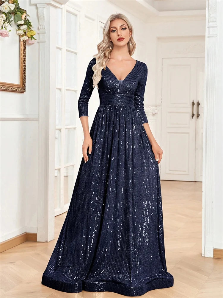 Luxury Blue Sequins V-Neck Long Sleeve Evening Dress - Prom Wedding Gown - SalmanStore 
