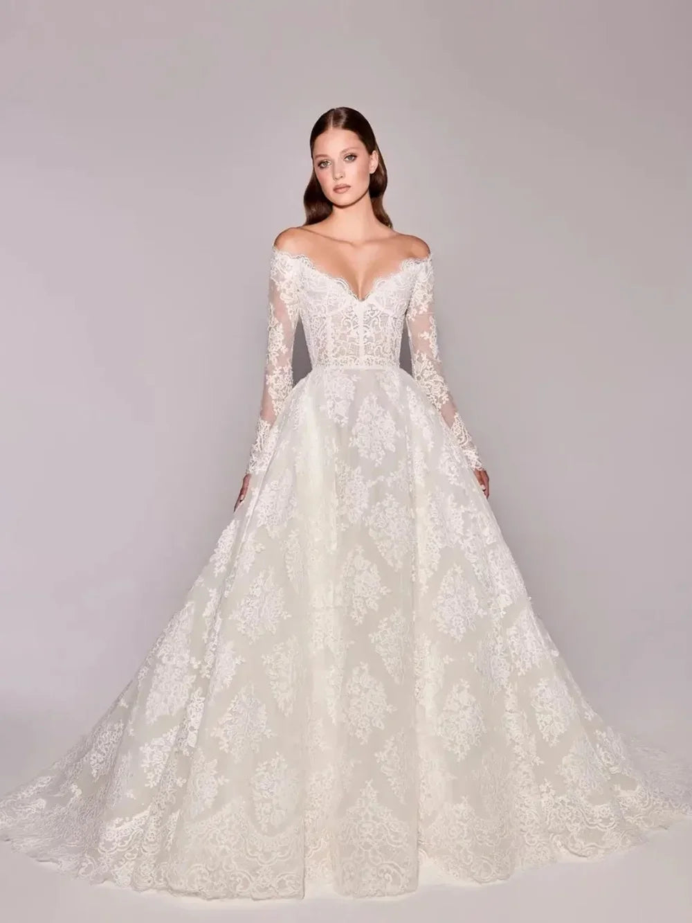 Customized Elegant V-Neck Wedding Dress with Full Floral Appliques - Long Sleeve Bridal Gown - JStorehub 