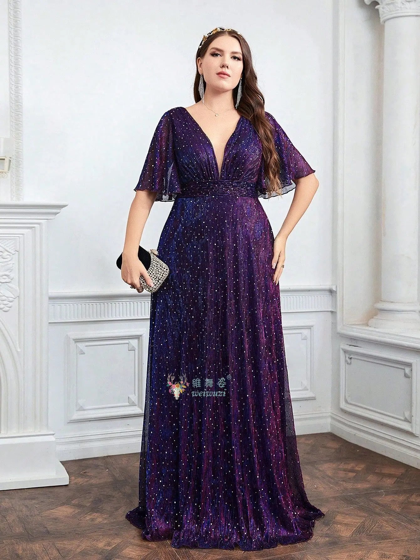 Plus Size Purple A-Line Evening Dress - Deep V-Neck Waist Cinched Rhinestone Gown - JStorehub 