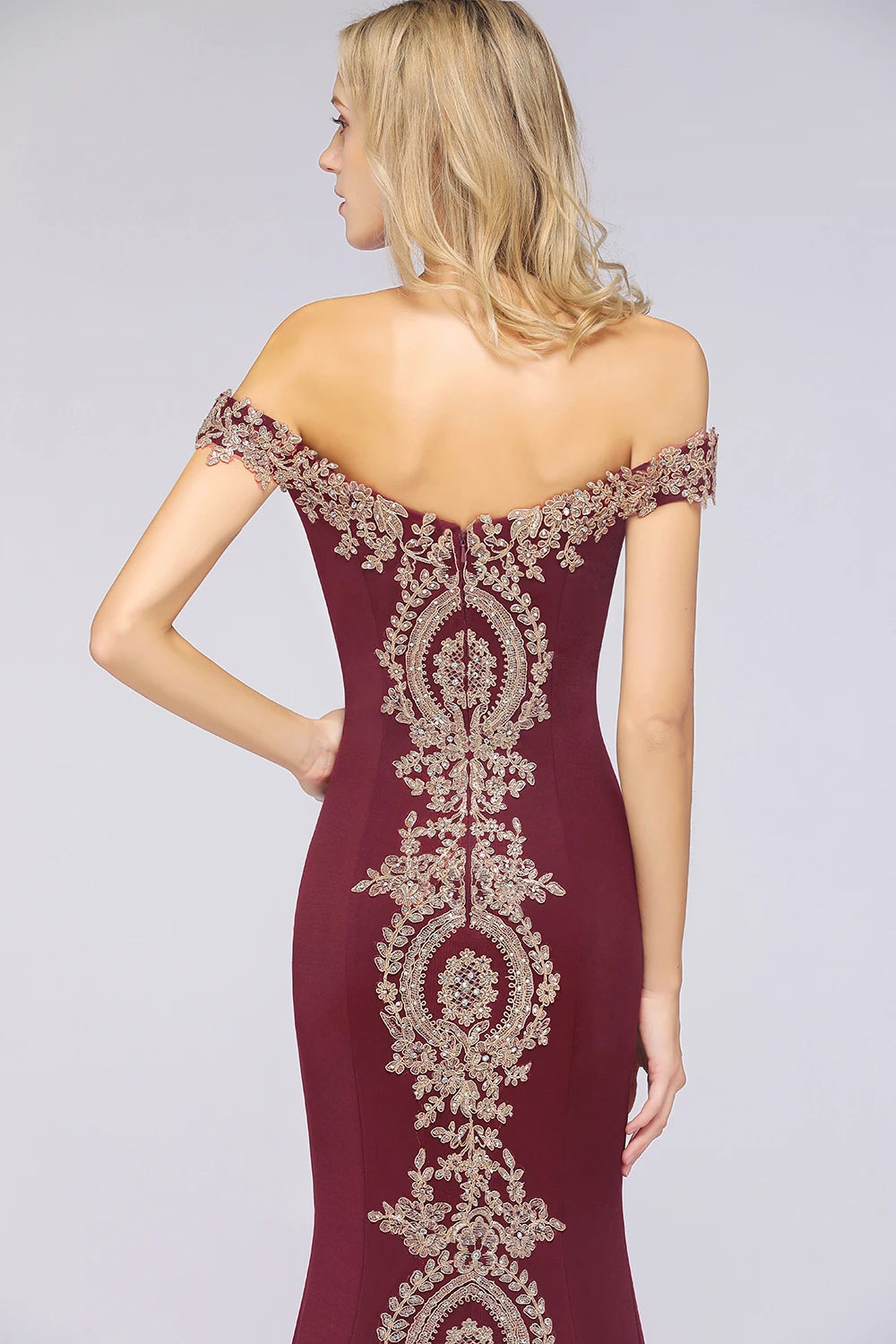 Burgundy Mermaid Satin Evening Dress - Lace Open Back Prom Gown - JStorehub 