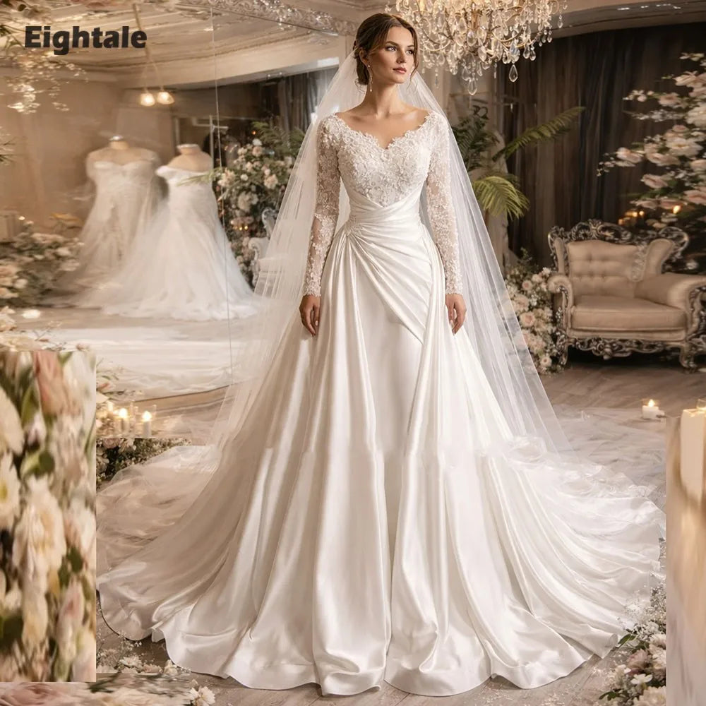 Arabic Wedding Dress V-Neck - Ivory Satin Lace Long Sleeve A-Line Bridal Gown - JStorehub 