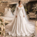 Arabic Wedding Dress V-Neck - Ivory Satin Lace Long Sleeve A-Line Bridal Gown - JStorehub 