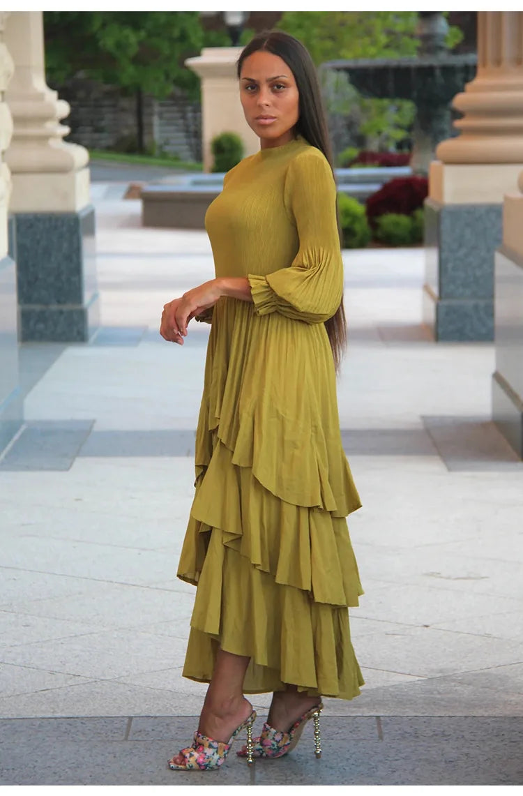 Miyake Pleated Lantern Sleeve Dress - Solid Color Lotus Edge Long Skirt - JStorehub 