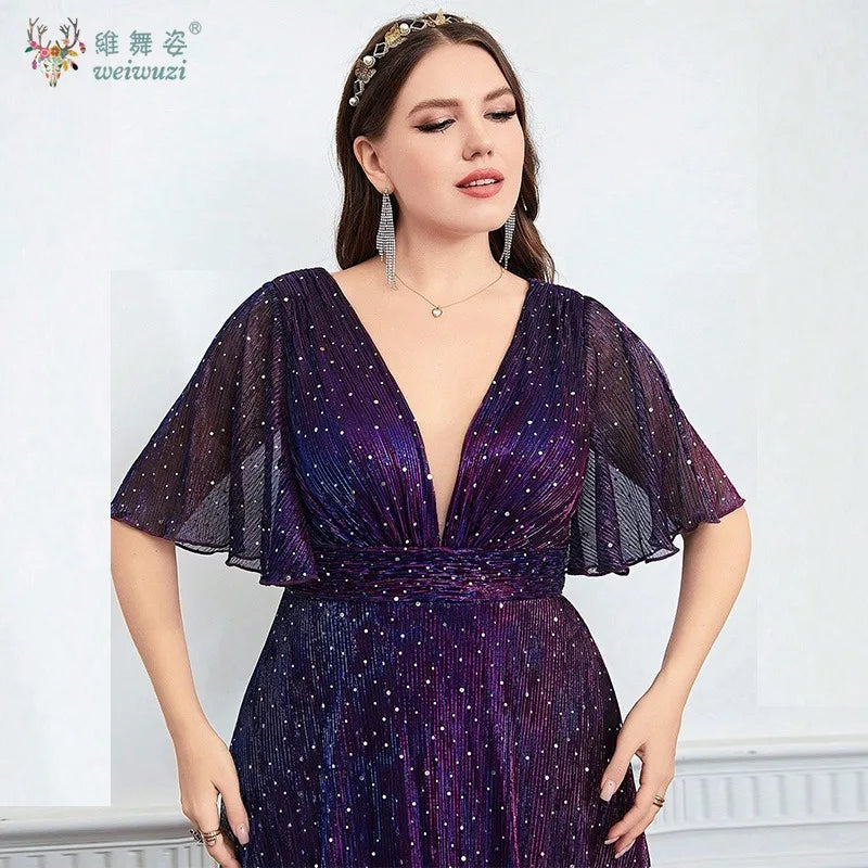 Plus Size Purple A-Line Evening Dress - Deep V-Neck Waist Cinched Rhinestone Gown - JStorehub 