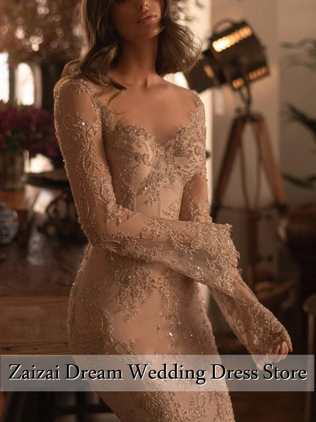 Customized Vintage Lace Champagne Mermaid Wedding Dress - JStorehub 